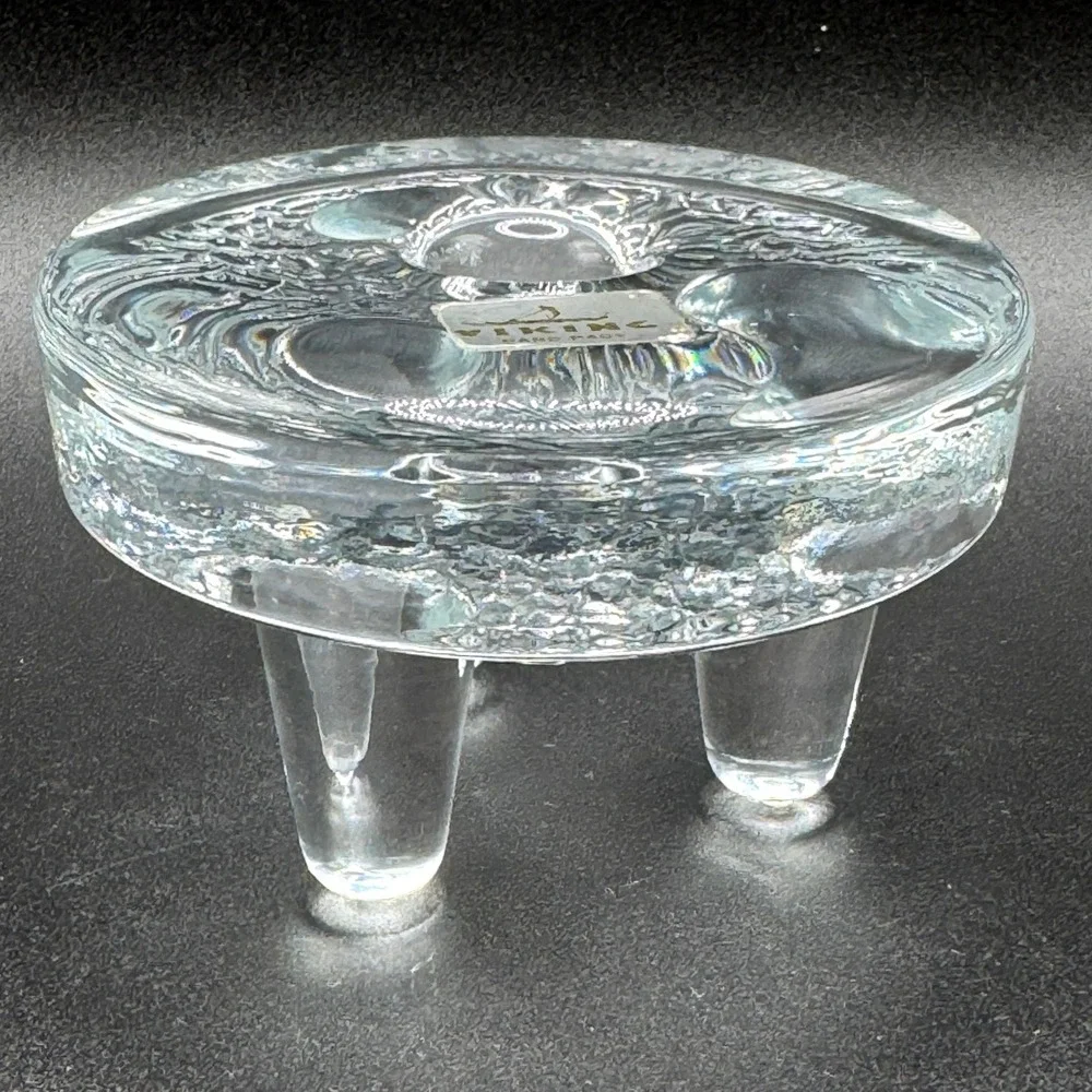 Viking Glass Vtg Handmade Clear Textured 3 Footed Tripod Taper Candle Holder MCM